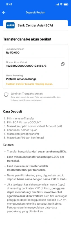 Halaman deposit VA BCA: nomor VA, minimum Rp50.000, dan catatan nama rekening harus sama dengan nama KYC. Batas maksimum di gambar adalah angka lama, cek limit terbaru di aplikasi. (Sumber: Blog Pintu)