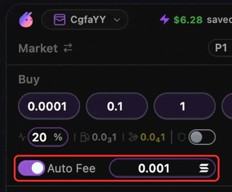 Auto Fee ON di panel trading Frontrun, dengan kolom SOL di sampingnya. (Sumber: Frontrun Docs, diberi kotak merah)