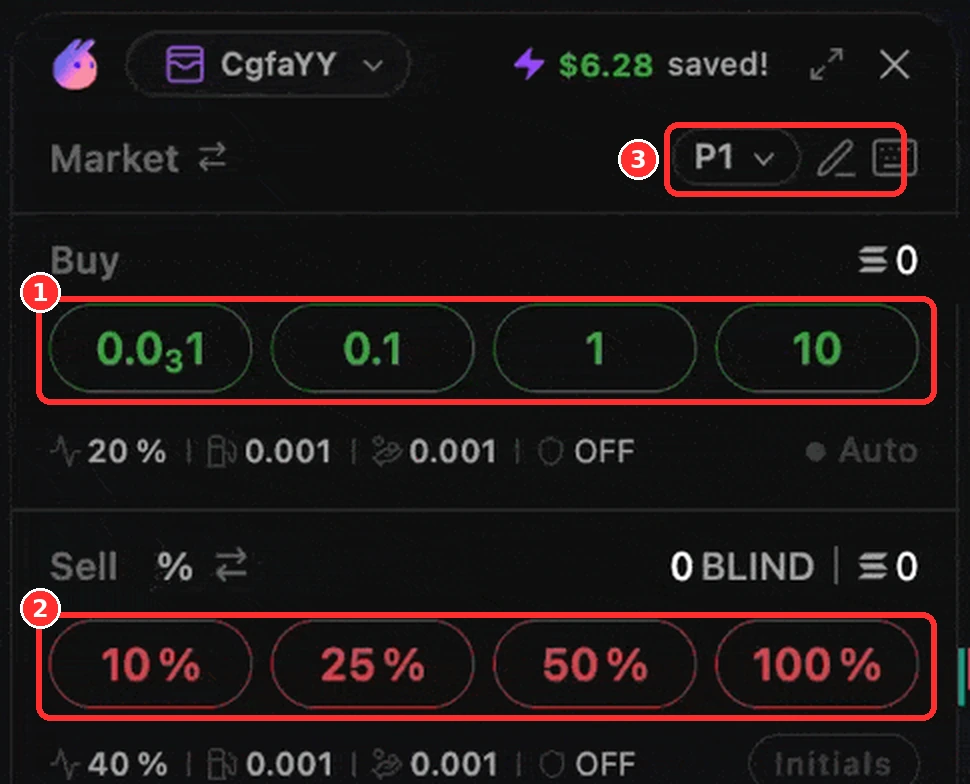 Panel Instant Trade Frontrun: tombol Buy, tombol Sell %, dan preset. Sumber: dokumentasi resmi Frontrun (docs.frontrun.pro). Angka hanya contoh, tampilan bisa sedikit beda.