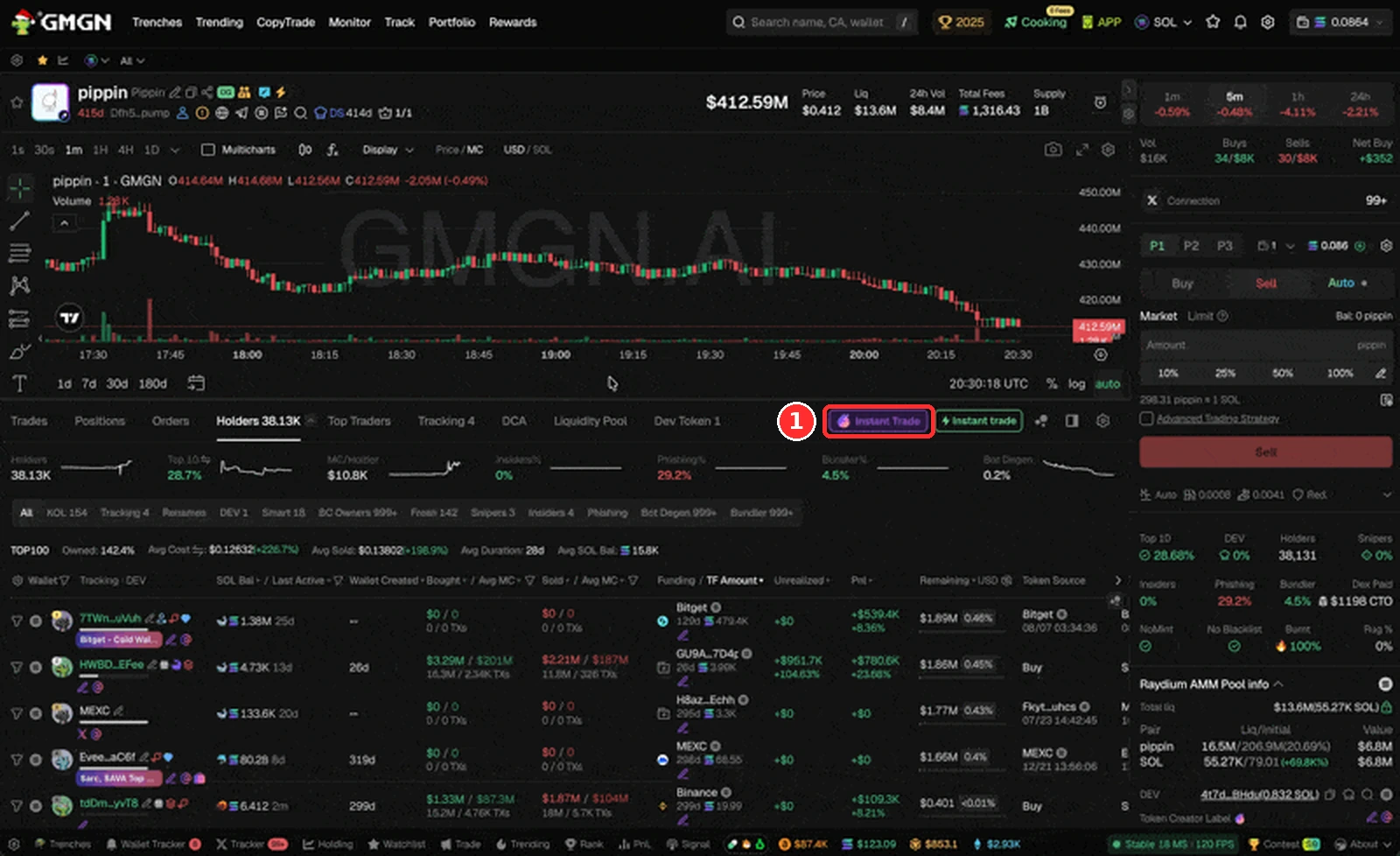 Tombol Instant Trade dari Frontrun di halaman token GMGN. Sumber: dokumentasi resmi Frontrun (docs.frontrun.pro). Angka hanya contoh, tampilan bisa sedikit beda.
