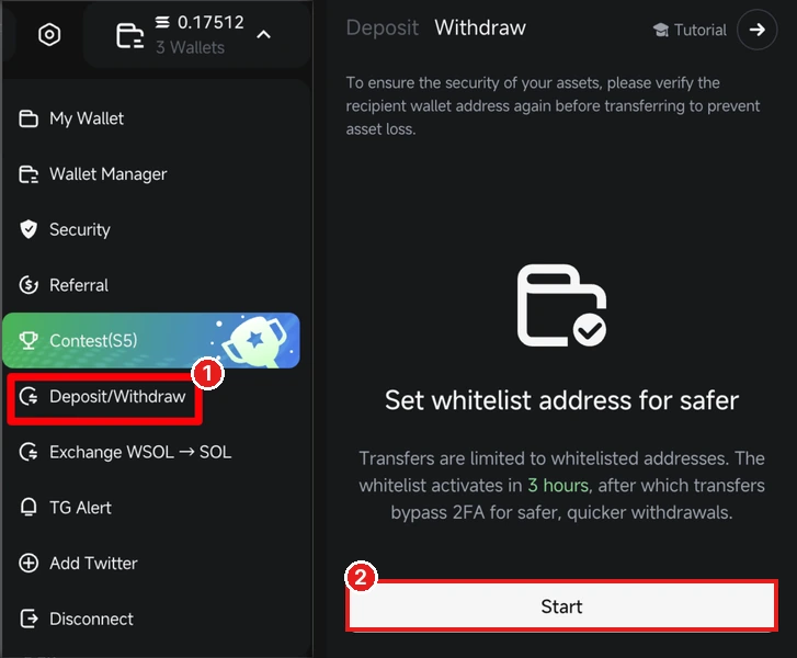 Web GMGN: ① menu Deposit/Withdraw, ② tombol Start di layar Set whitelist address (muncul kalau whitelist belum diisi). (Sumber: screenshot GMGN, diberi kotak merah)
