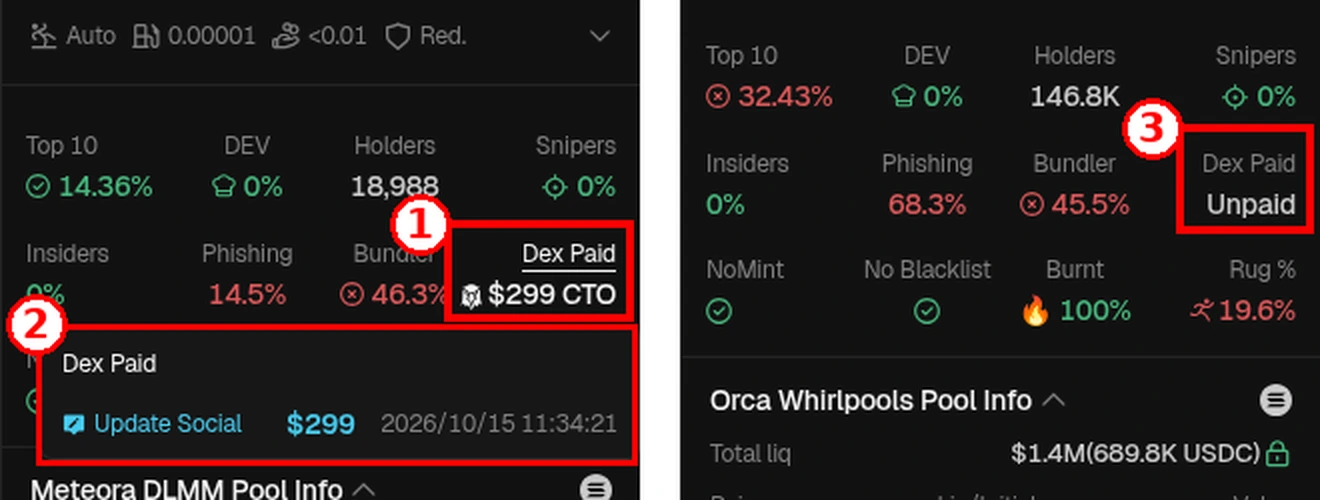 Kolom Dex Paid di GMGN: ① nominal bayar, ② detail saat di-hover, ③ Unpaid. (Screenshot: GMGN)