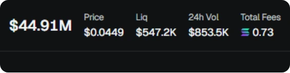 Contoh mencurigakan: MC $44.91M tapi Total Fees cuma 0.73 SOL, jauh di bawah patokan 1:10.000. (Screenshot: GMGN)