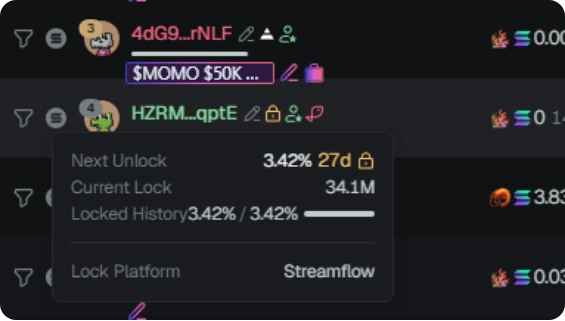 Tooltip token locked di GMGN: Next Unlock 3.42% dalam 27 hari, lock lewat Streamflow. (Screenshot: GMGN)