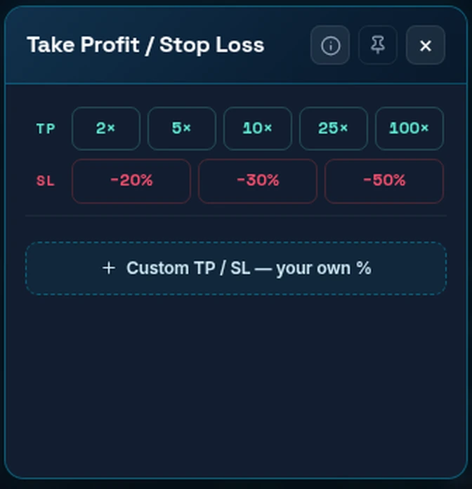 Contoh panel TP/SL (DryFlip): preset TP 2x sampai 100x, SL -20% sampai -50%, atau isi persentase sendiri. Ini contoh tampilan, bukan saran angka